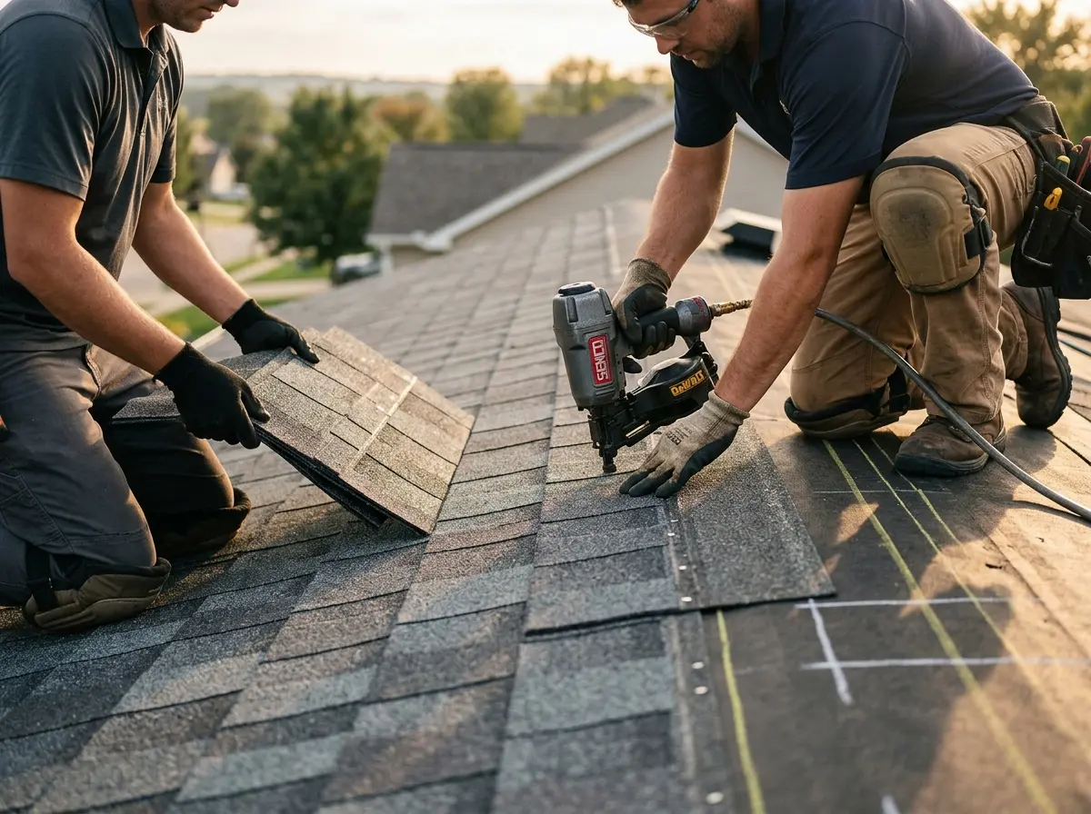 Professional roofer working on a residential roof in Rusk